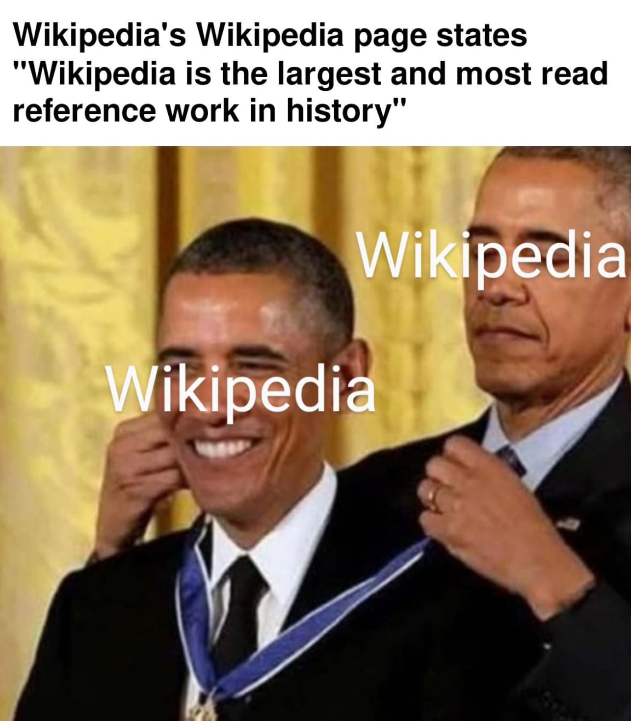 Wikipedia's Wikipedia page states "Wikipedia is the largest and most read reference work in history" Wikipedia Wikipedia